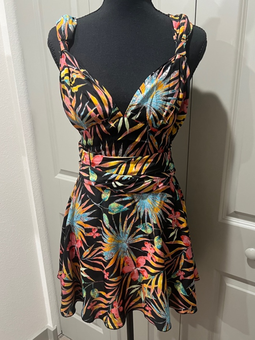 Tropical Floral Black Mini Dress with Multicolor Print